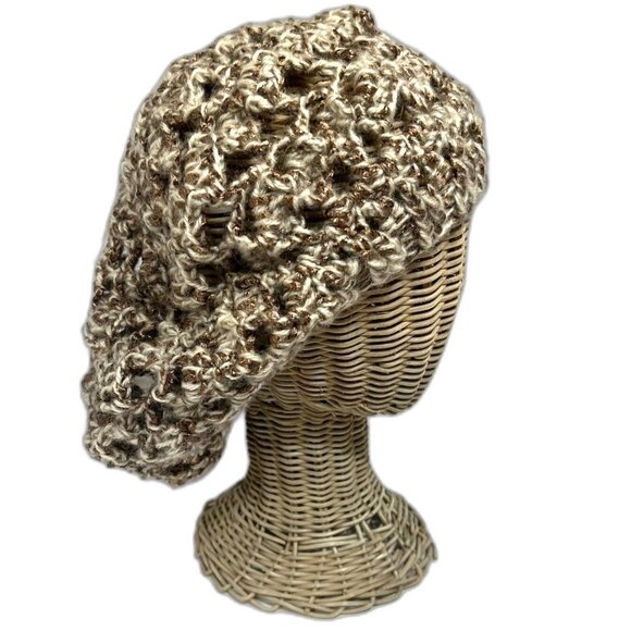 New Handmade Crochet Slouchy Beret Hat Tan Metallic Brown Boho Unisex - Picture 3 of 8
